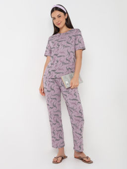 Smarty Pants - Women's Cotton Lycra Lilac Floral Print Top with Pajama (Set of 2)