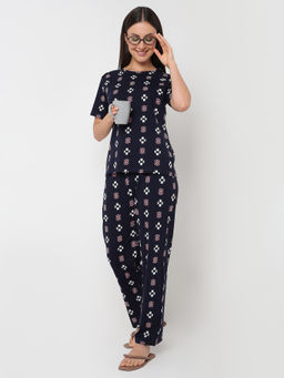 Smarty Pants - Women's Cotton Lycra Navy Blue Abstract Print Top with Pajama (Set of 2)
