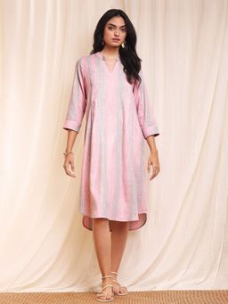 Pink Fort - Striped Front Pleated Dress - Pink & Grey
