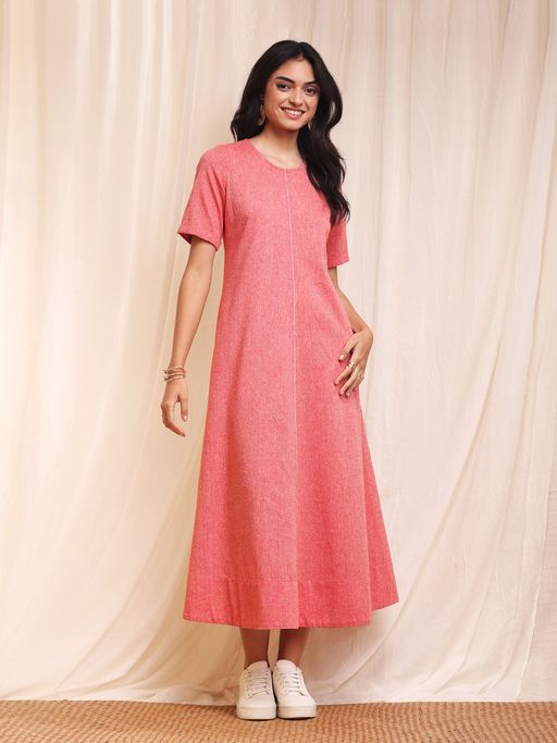 Buy Pink Fort Cotton A-Line Chambray Dress - Red Online