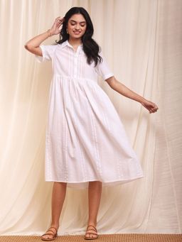 Pink Fort - Cotton Striped Shirt Dress - White