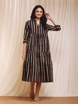Pink Fort - Cotton Ajrakh Polka Shirt Dress - Black