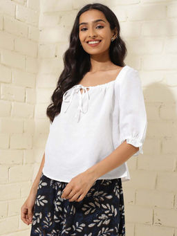 Fabindia - White Linen Blend Tie-Up Top