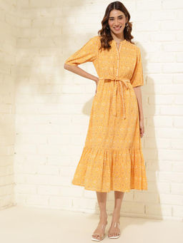 Fabindia - Orange Cotton Hand Block Printed Midi Dress