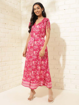Fabindia - Pink Rayon Blend Floral Midi Dress