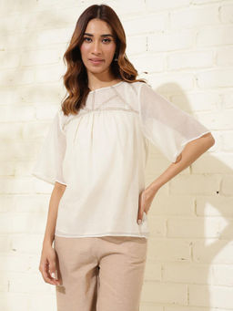 Fabindia - Off White Cotton Silk Embroidered Top