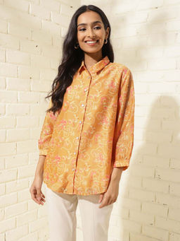 Fabindia - Orange Cotton Silk Printed Shirt