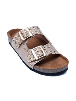 Dapper Feet - Studded Buckle Strap Sliders-Beige