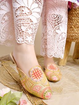 Shoetopia - Traditional Embroidery Golden Mules For Girls