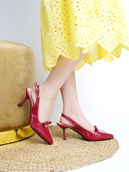 Shoetopia - Smart Casual Glossy Upper Detailed Red Pump Heels for Girls