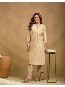 Fabindia - Beige Cotton Silk Embroidered Long Kurta