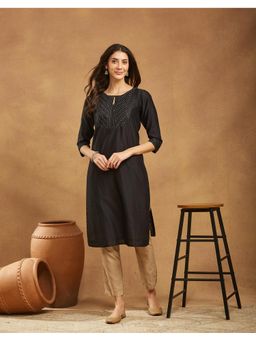 Fabindia - Cotton Silk Embroidered Black Long Kurta