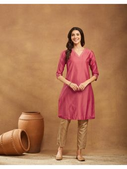 Fabindia - Pink Cotton Silk Knee Length Kurta