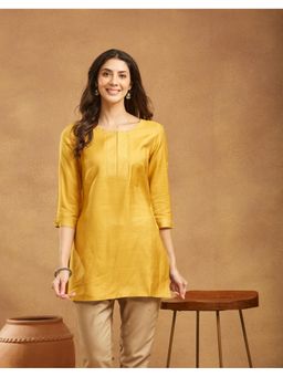 Fabindia - Yellow Viscose Silk Slim Fit Kurti