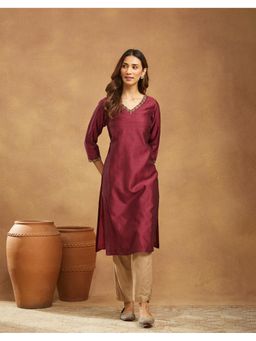 Fabindia - Wine Cotton Silk Hand Embroidered Long Kurta