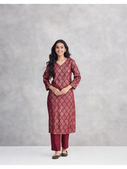 Fabindia - Wine Viscose Silk Hand Block Print Long Kurta