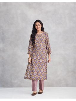 Fabindia - Purple Rayon Blend Hand Block Print Slim Fit Long Kurta