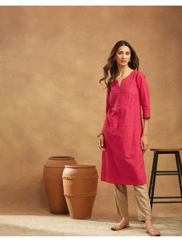 Fabindia - Pink Cotton Pintucks Long Kurta