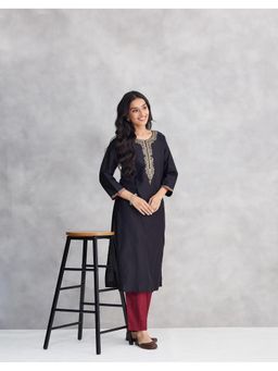 Fabindia - Black Cotton Silk Embroidered Long Kurta