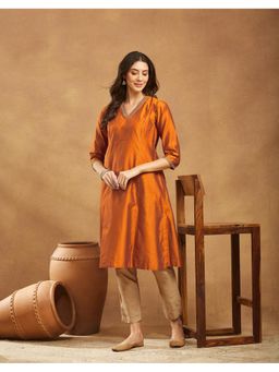 Fabindia - Orange Cotton Silk Slim Fit Long Kurta