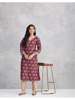 Fabindia - Maroon Cotton Silk Hand Block Print Long Kurta
