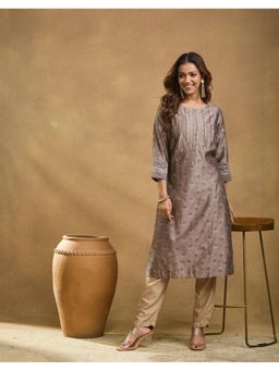Fabindia - Grey Cotton Silk Hand Block Print Long Kurta