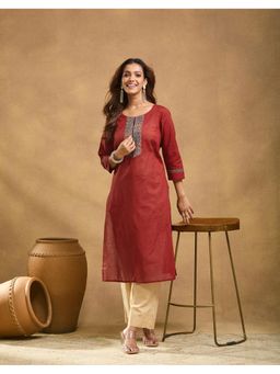 Fabindia - Maroon Cotton Embroidered Long Kurta