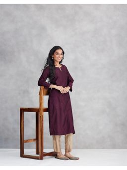 Fabindia - Purple Cotton Silk Embroidered Long Kurta