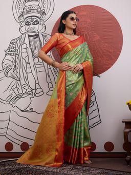 Sareemall - Green Women Banarasi Silk Woven Saree with Unstitched Blouse