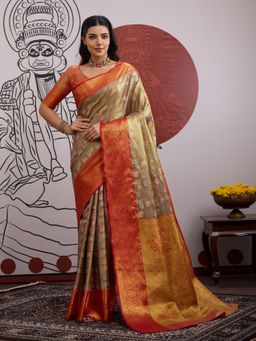 Sareemall - Beige Women Banarasi Silk Woven Saree with Unstitched Blouse