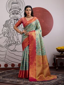 Sareemall - Blue Women Banarasi Silk Woven Saree with Unstitched Blouse