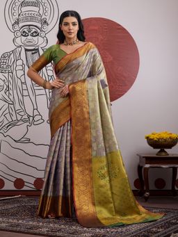 Sareemall - Grey Women Banarasi Silk Woven Saree with Unstitched Blouse