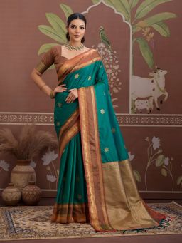 Sareemall - Teal Women Tusshar Silk Woven Saree with Unstitched Blouse