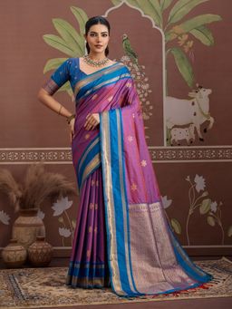 Sareemall - Purple Women Tusshar Silk Woven Saree with Unstitched Blouse