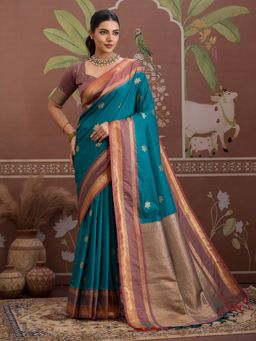 Sareemall - Teal Women Tusshar Silk Woven Saree with Unstitched Blouse