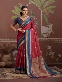 Sareemall - Maroon Women Tusshar Silk Woven Saree with Unstitched Blouse