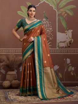 Sareemall - Rust Women Tusshar Silk Woven Saree with Unstitched Blouse