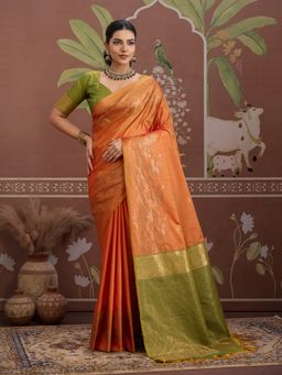 Sareemall - Orange Women Tusshar Silk Woven Saree with Unstitched Blouse