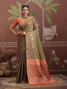 Sareemall - Olive Women Tusshar Silk Woven Saree with Unstitched Blouse