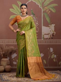Sareemall - Green Women Tusshar Silk Woven Saree with Unstitched Blouse