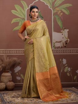 Sareemall - Green Women Tusshar Silk Woven Saree with Unstitched Blouse