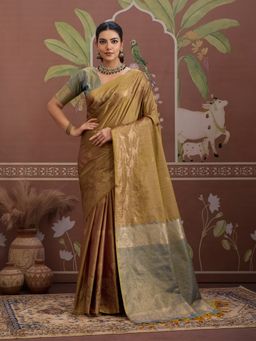 Sareemall - Brown Women Tusshar Silk Woven Saree with Unstitched Blouse