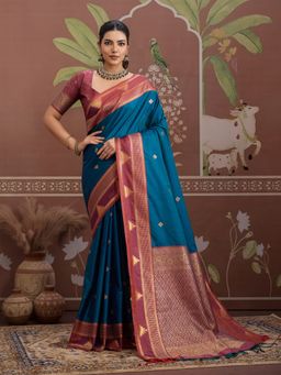 Sareemall - Teal Women Tusshar Silk Woven Saree with Unstitched Blouse