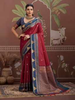 Sareemall - Burgundy Women Tusshar Silk Woven Saree with Unstitched Blouse