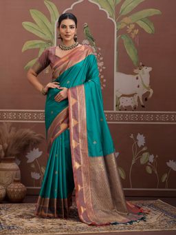 Sareemall - Teal Women Tusshar Silk Woven Saree with Unstitched Blouse