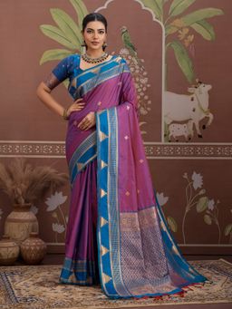 Sareemall - Purple Women Tusshar Silk Woven Saree with Unstitched Blouse