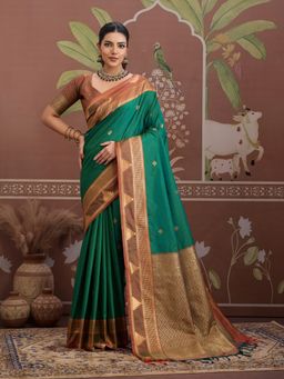 Sareemall - Green Women Tusshar Silk Woven Saree with Unstitched Blouse