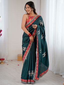 Sareemall - Teal Women Silk Blend Embroidered Saree with Unstitched Blouse