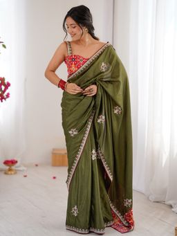 Sareemall - Green Women Silk Blend Embroidered Saree with Unstitched Blouse