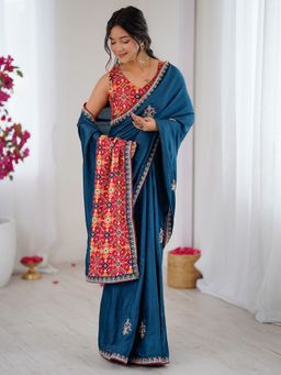 Sareemall - Teal Women Silk Blend Embroidered Saree with Unstitched Blouse